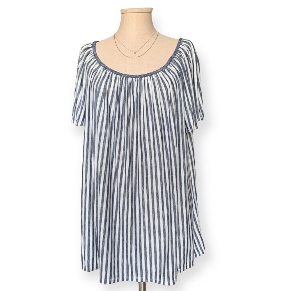 MAX STUDIO Shirred Flowy Blouse Pinstriped Off Shoulder Chic Top Soft Gray 2X - Picture 3 of 9